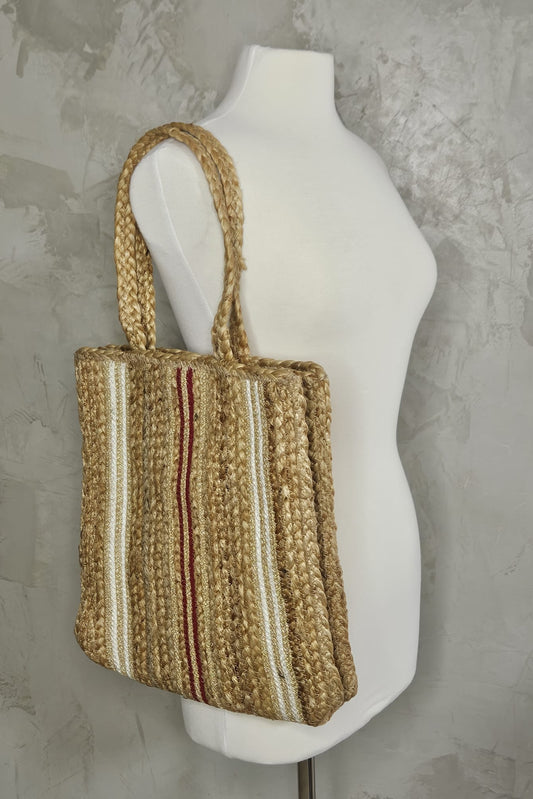 CARTERA EN PAJA CREMA, ROJA VINO Y BLANCO