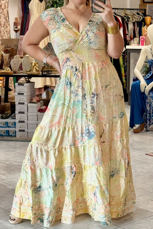 MAXI DRESS "BOHO" EN TONOS AMARILLO, VERDE Y PEACH