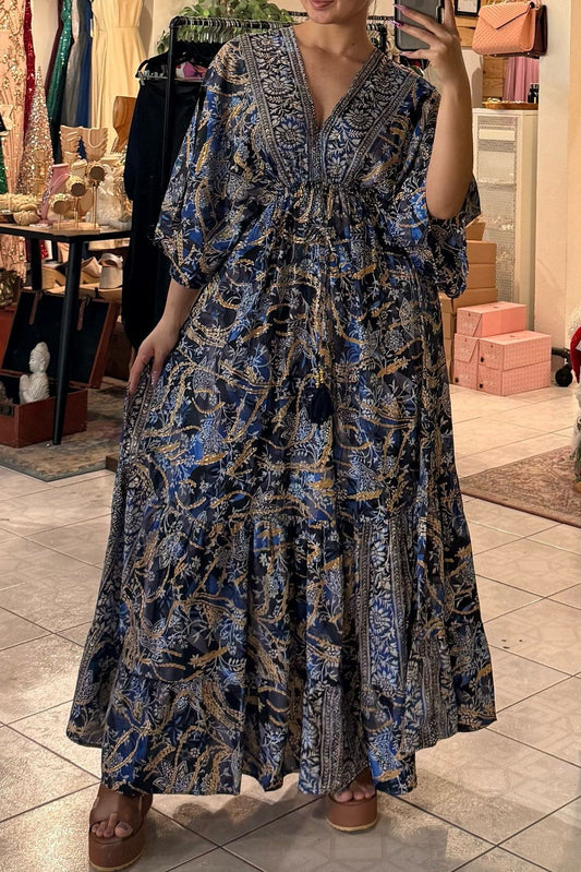 MAXI DRESS "BOHO" AZUL CON DETALLES DORADOS
