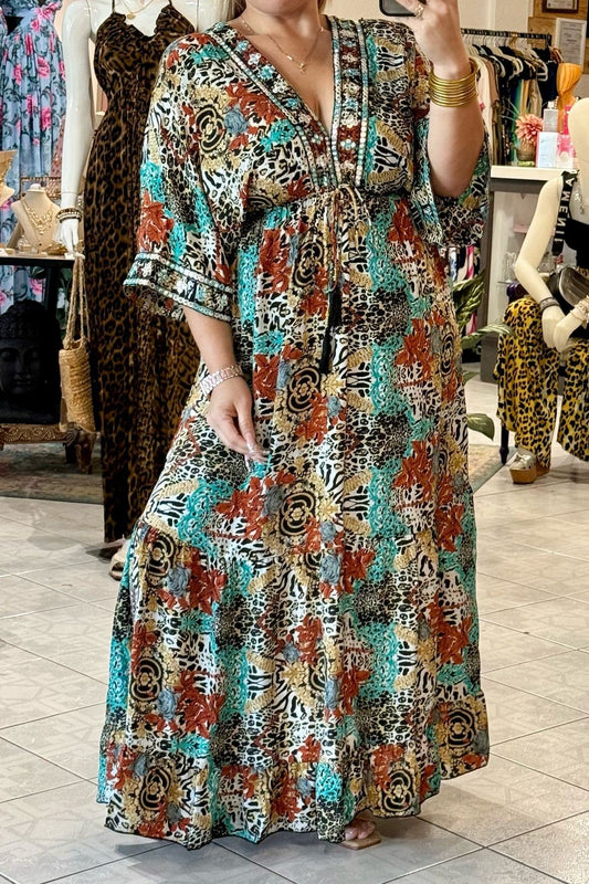 MAXI-DRESS "BOHO" CON TONOS DE AZUL, TERRACOTA Y ANIMAL PRINT