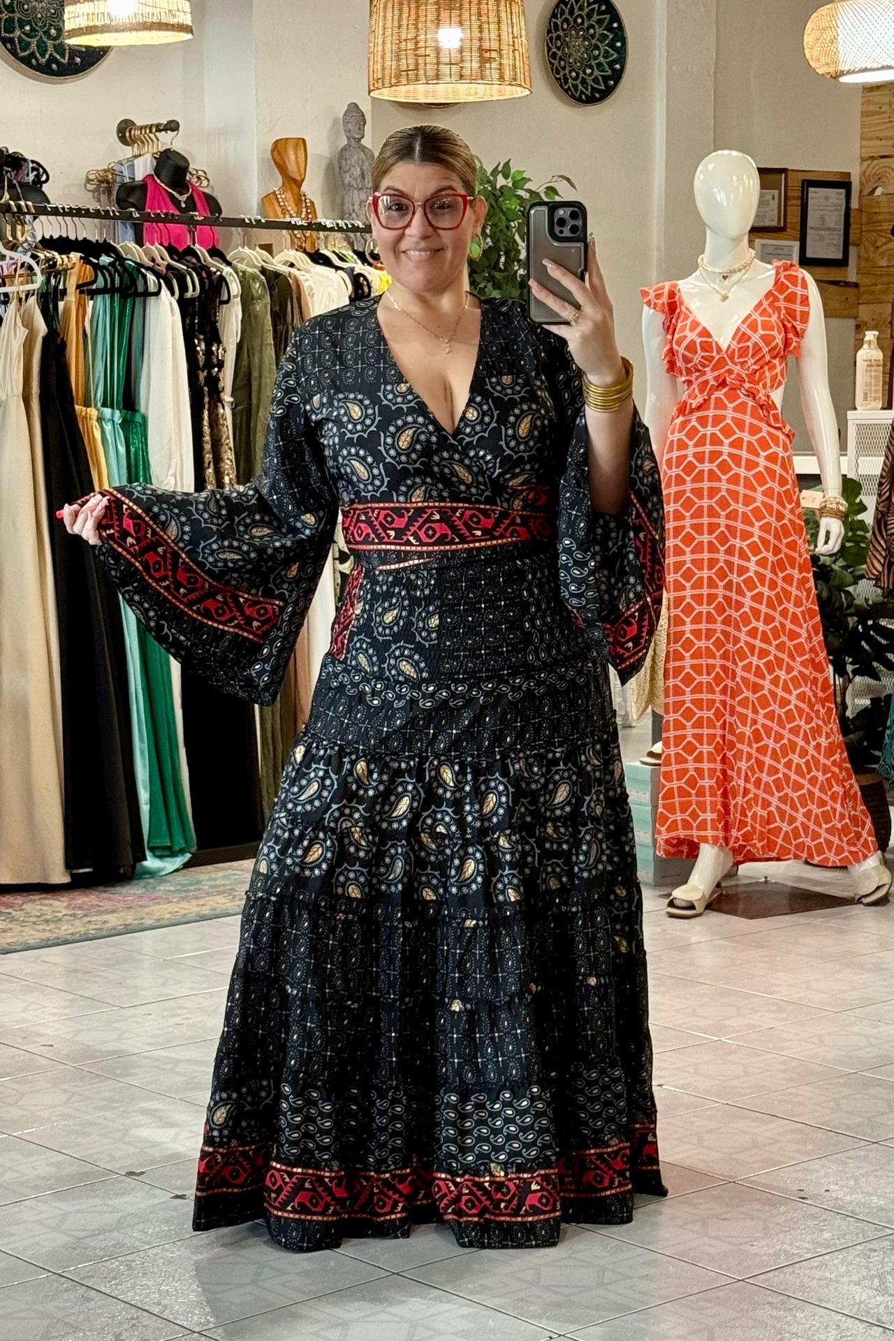 LONG SKIRT AND BLOUSE SET WITH BLACK, WHITE, AND RED PRINT
