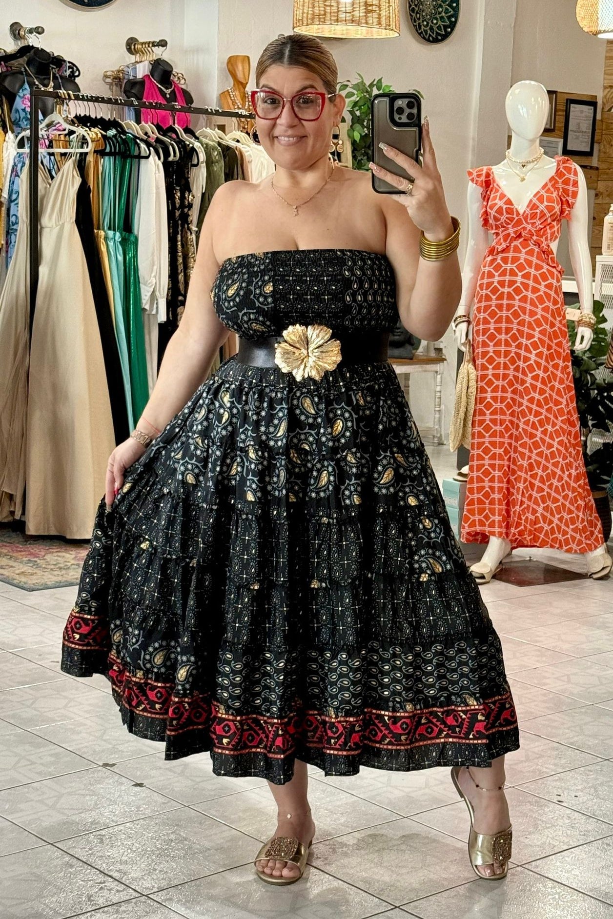 LONG SKIRT AND BLOUSE SET WITH BLACK, WHITE, AND RED PRINT