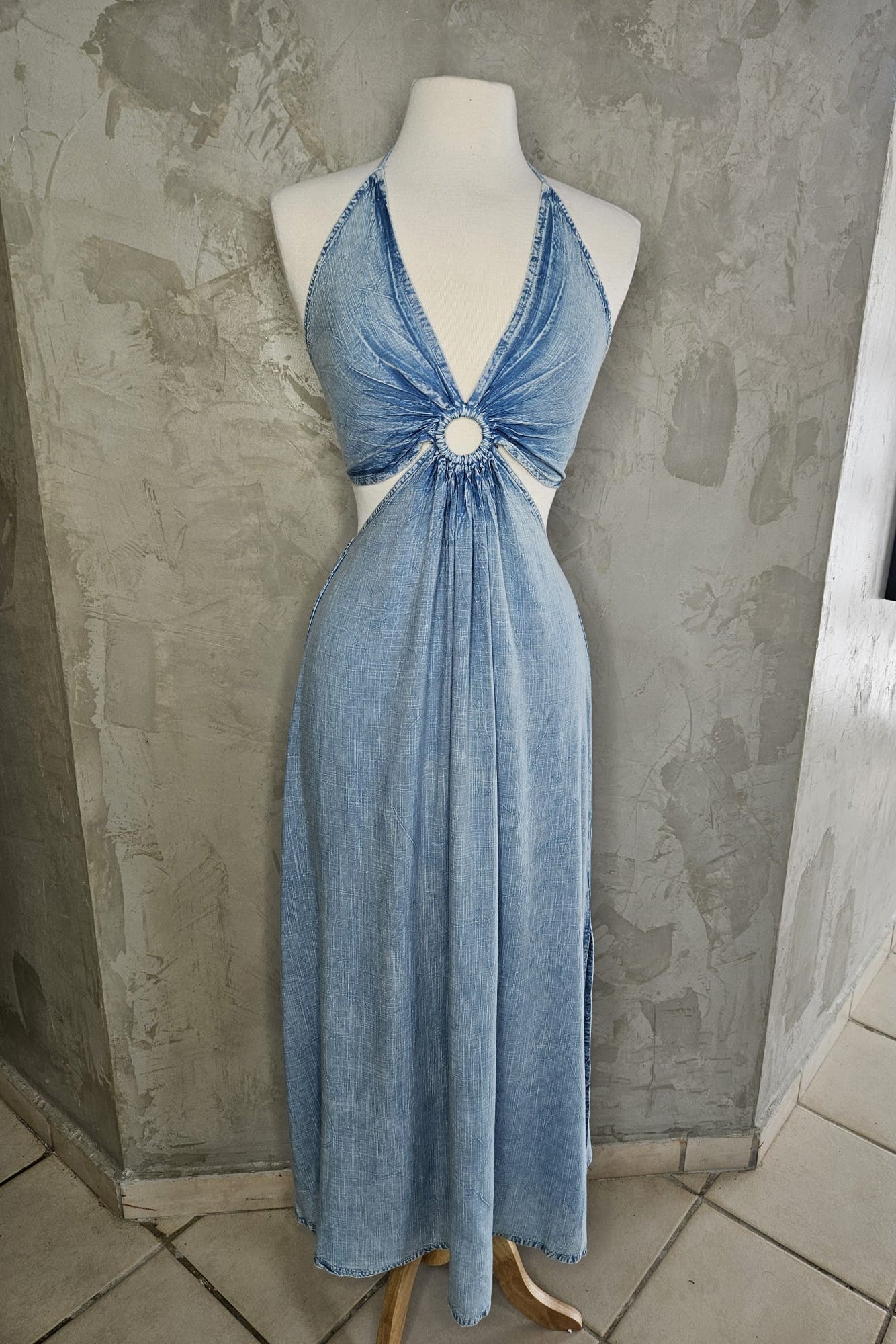 BLUE HALTER "MAHON" MAXI DRESS