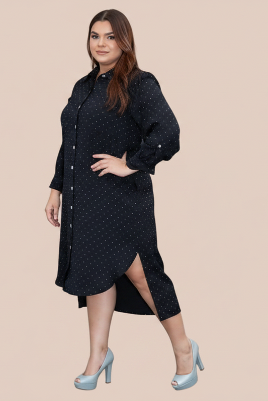 VESTIDO NEGRO CON RHINESTONES TALLA REGULAR Y PLUS