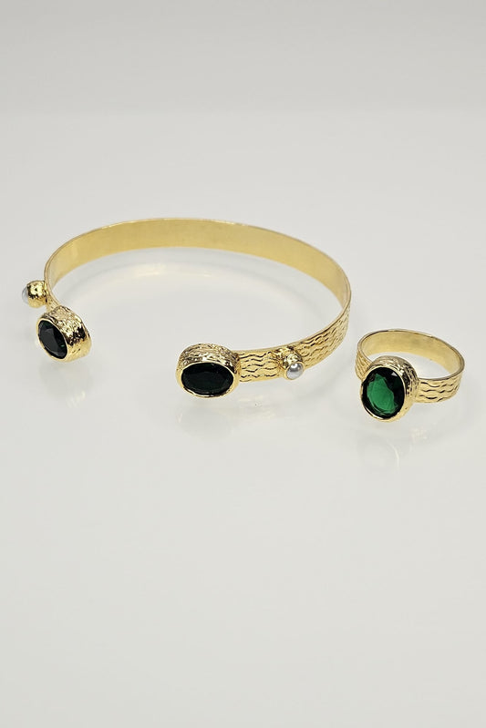 SET TURCO DE BRAZALETE Y SORTIJA DORADO CON PIEDRA VERDE Y PERLAS