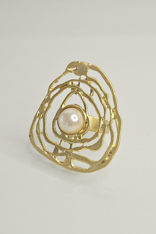 SORTIJA TURCA DORADO MATE DISEÑO ABSTRACTO CON PERLA