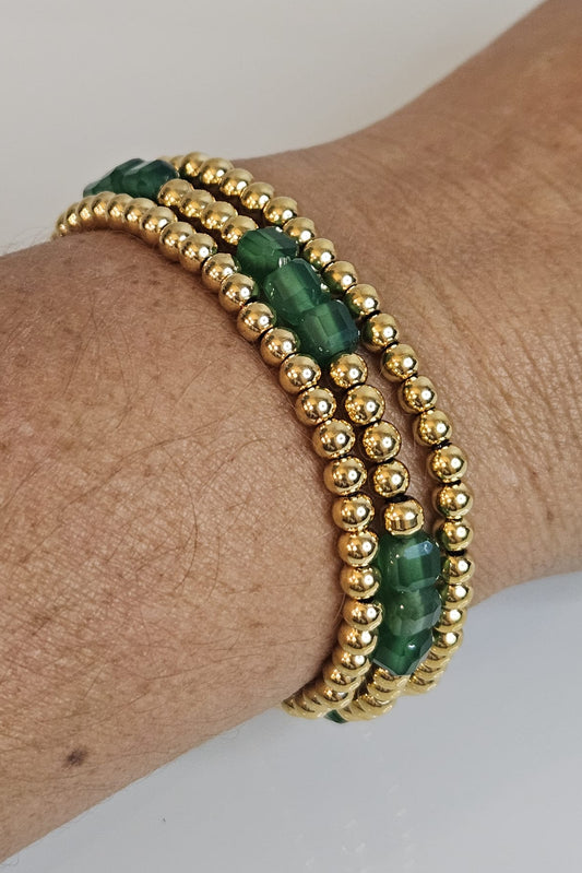 SET DE 3 PULSERAS ELÁSTICAS DORADAS Y VERDE