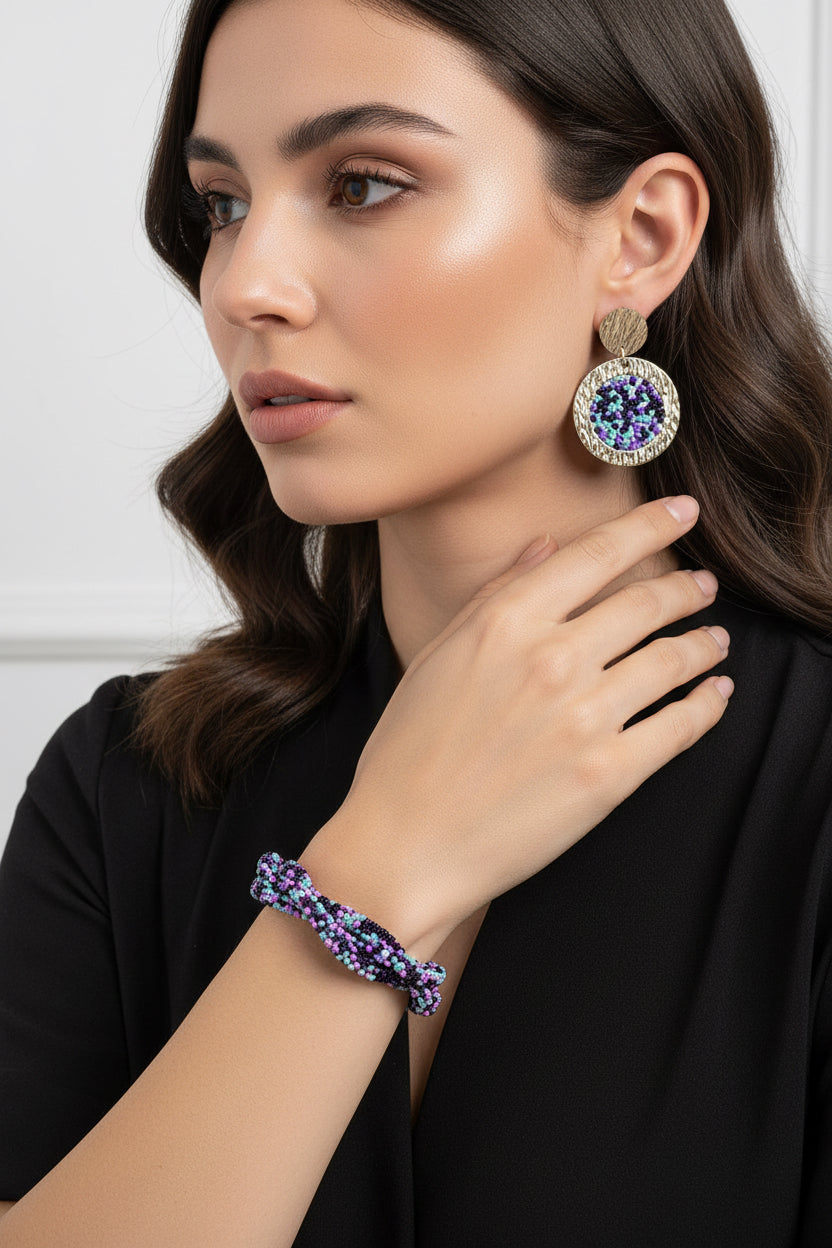 SET DE PULSERA TRENZADA Y ARETES MULTICOLOR VIOLETA