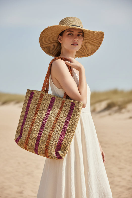 CARTERA EN PAJA CREMA, NARANJA Y FUCSIA
