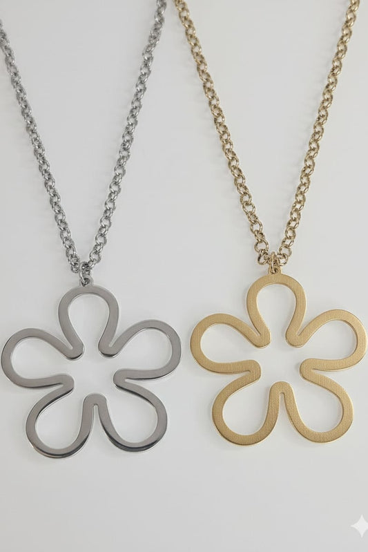 COLLAR CADENA LARGA PLATEADA Y/O DORADA CON PENDANT FLOR