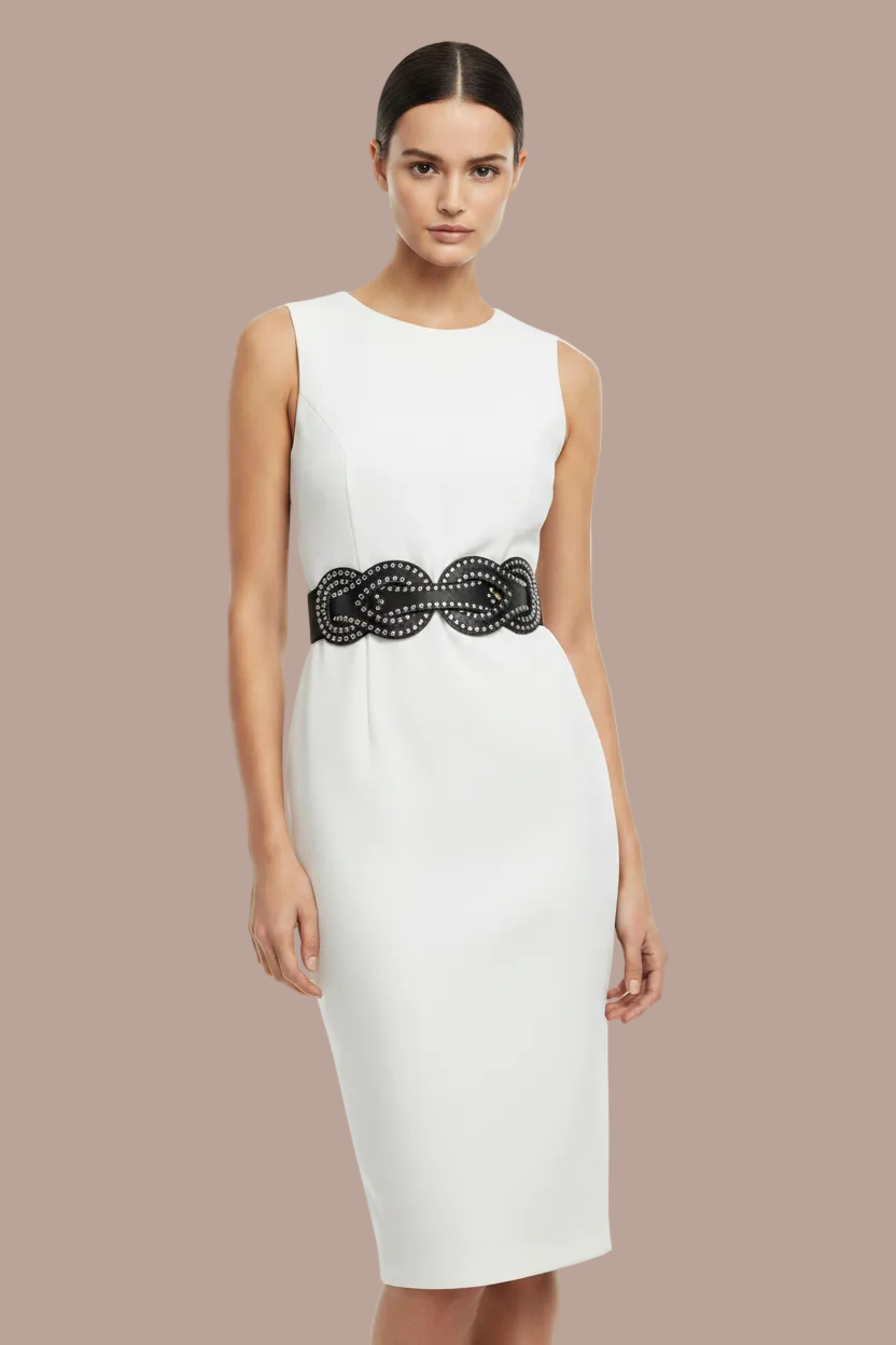 Black Rhinestone Belt White Outfit