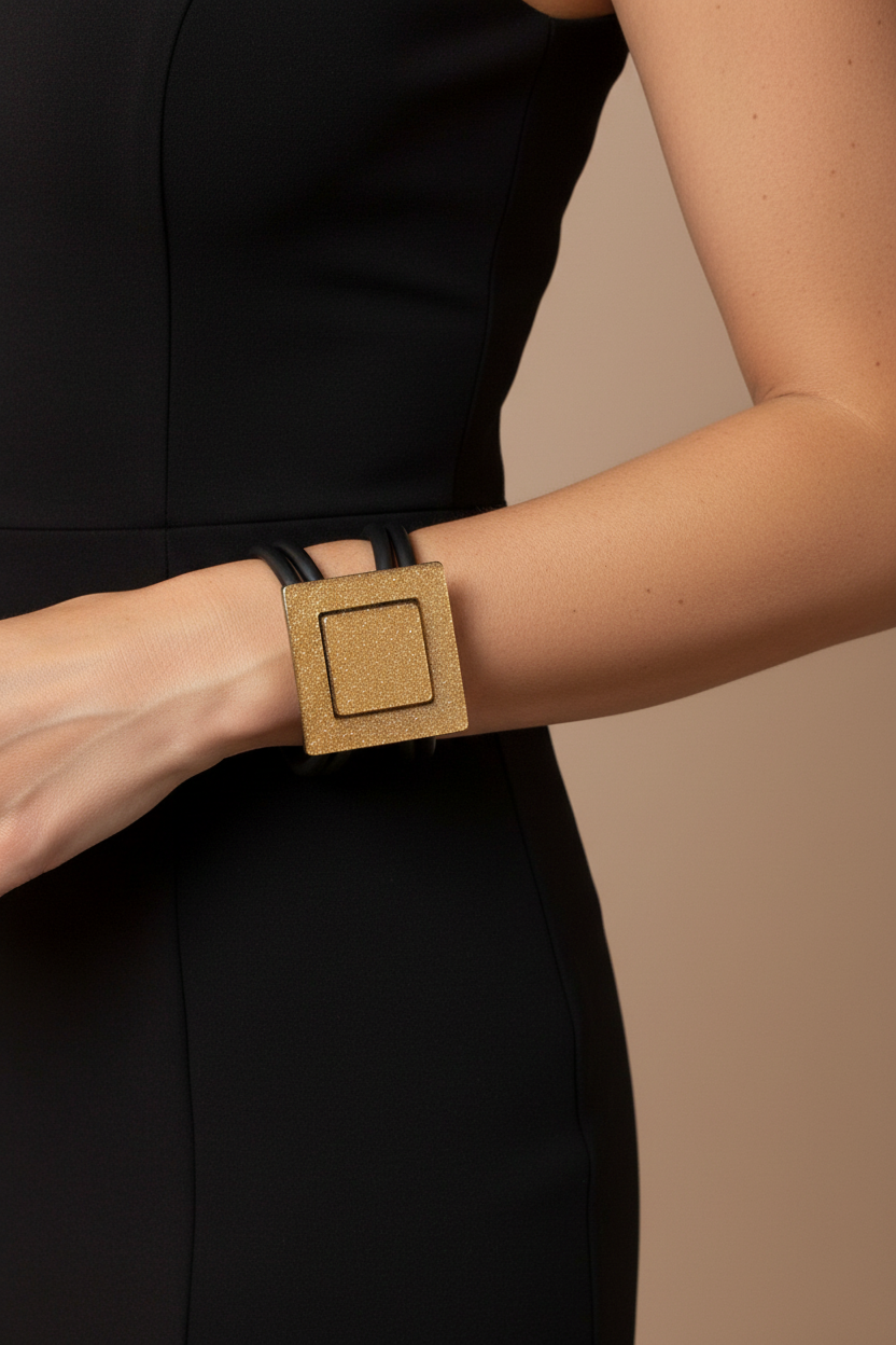 Brazalete dorado con outfit negro fondo nude