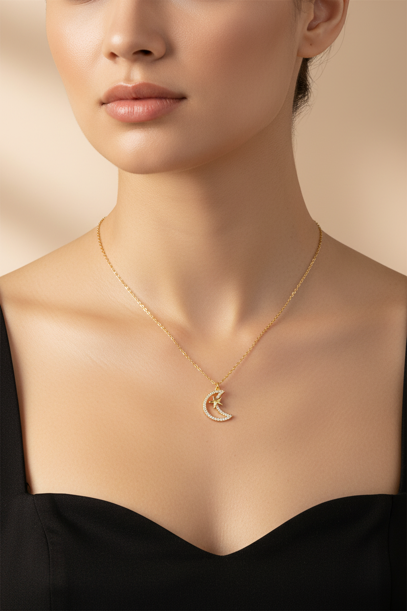 Cadena dorada con dije de luna y estrella en modelo