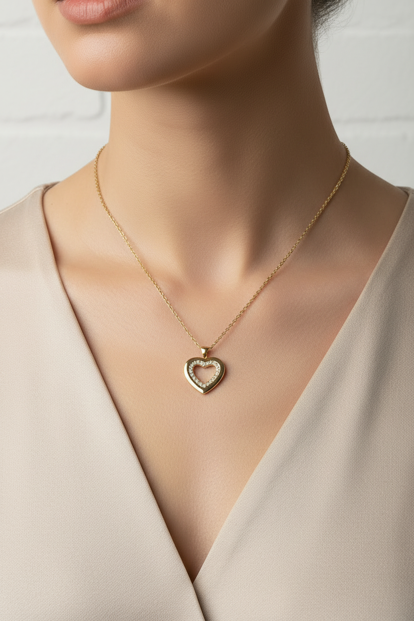 Close-up de cadena con dije de doble corazón en cuello de modelo
