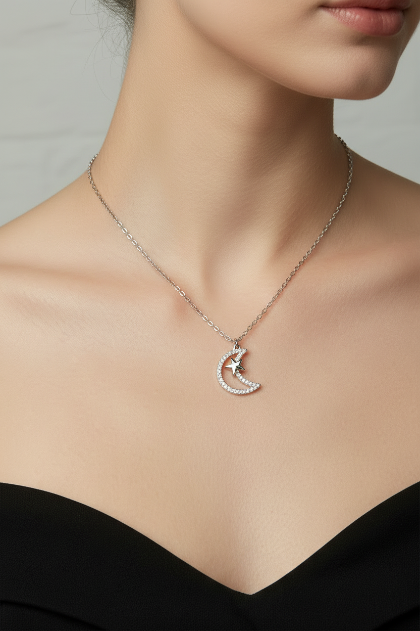 Close-up de cadena plateada con dije de luna y estrella en cuello de modelo