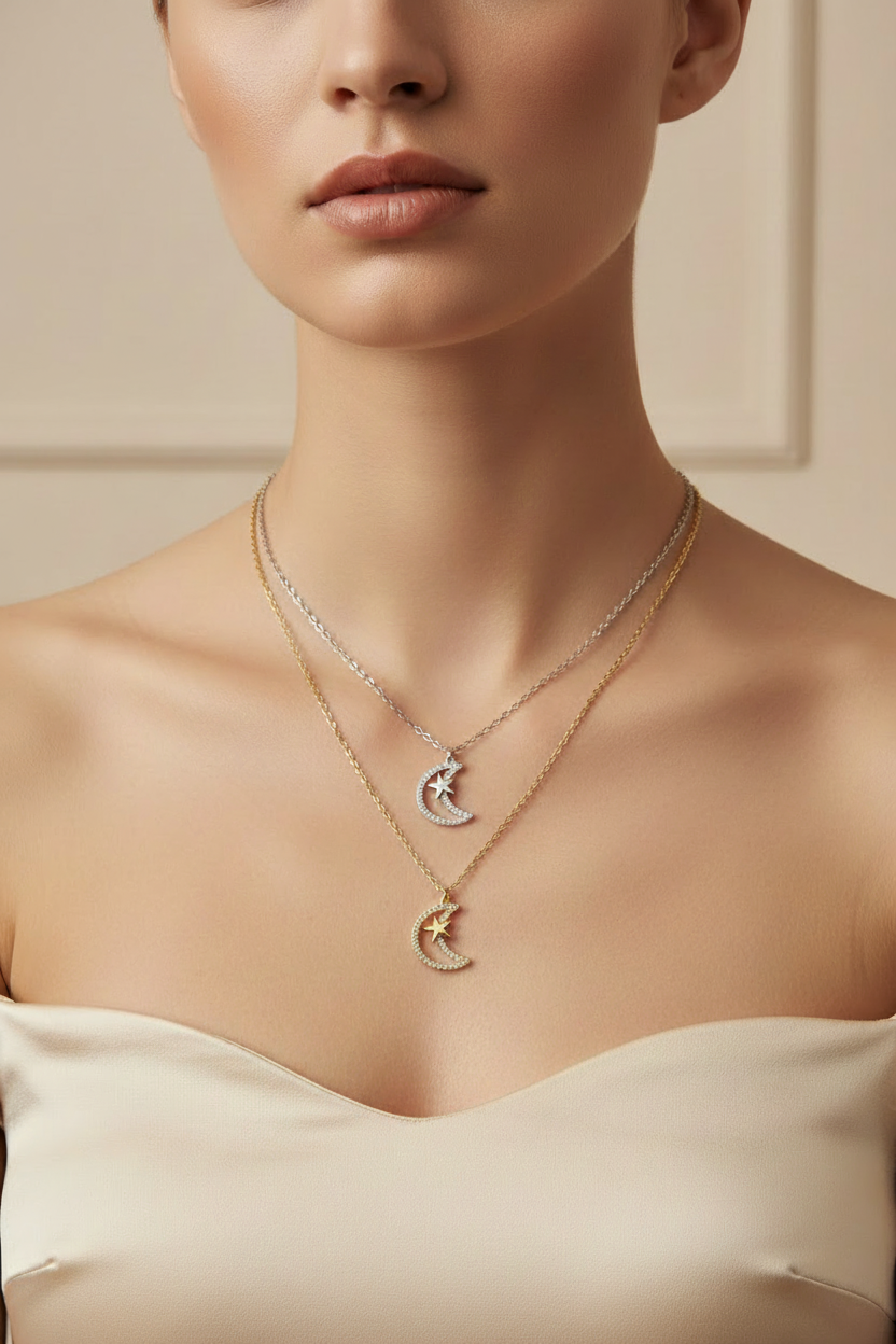 Close-up de cadenas con dijes de luna y estrella en capas en cuello de modelo