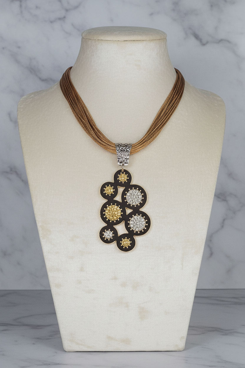 Collar bronce con pendiente negro en display de joyería