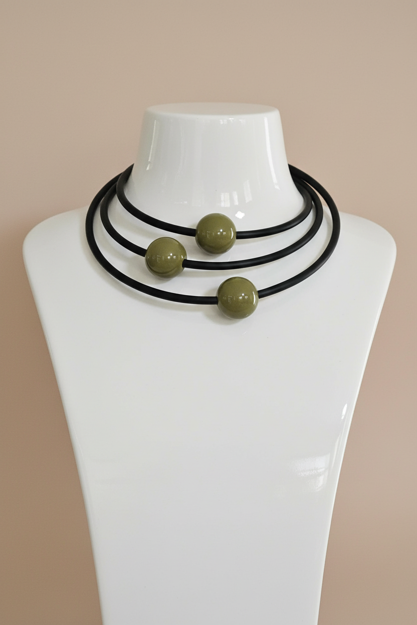 Collar verde oliva en display fino fondo nude