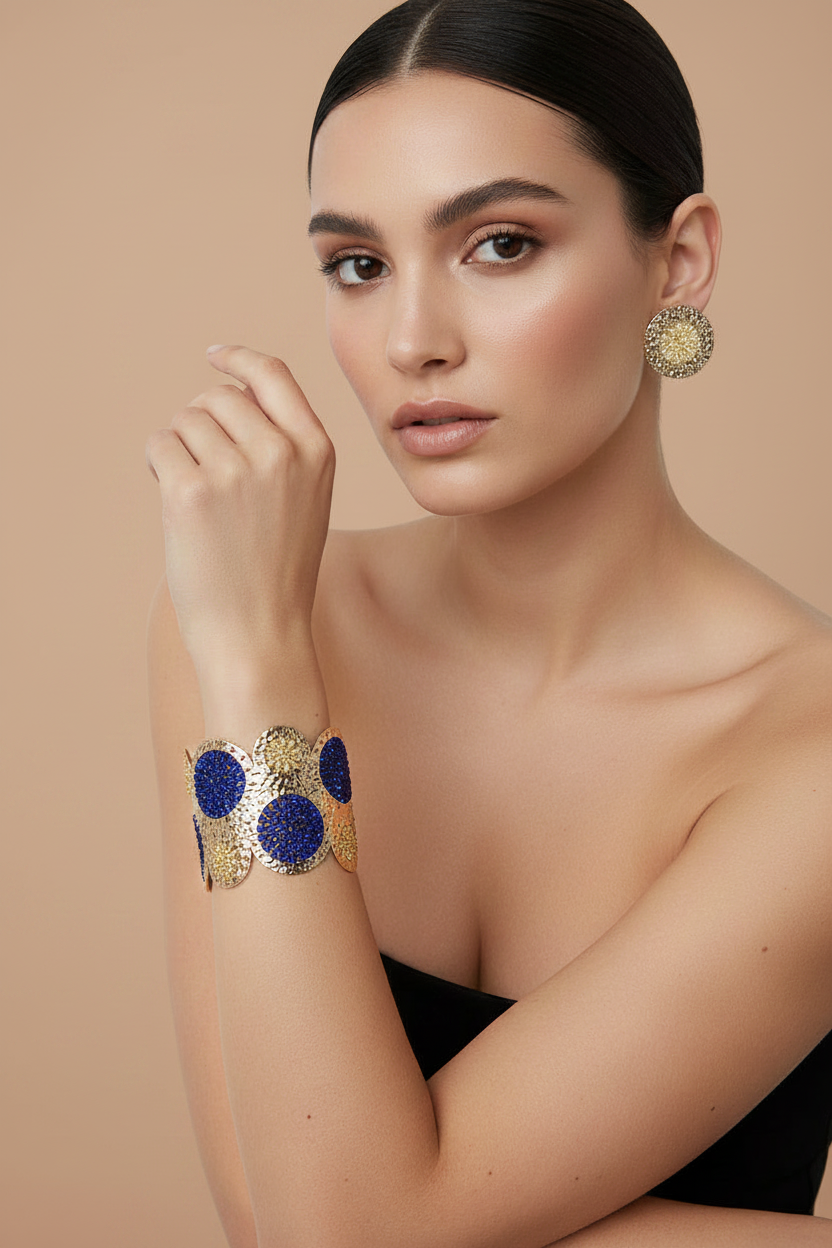 SET DE BRAZALETE Y ARETES DORADO Y AZUL
