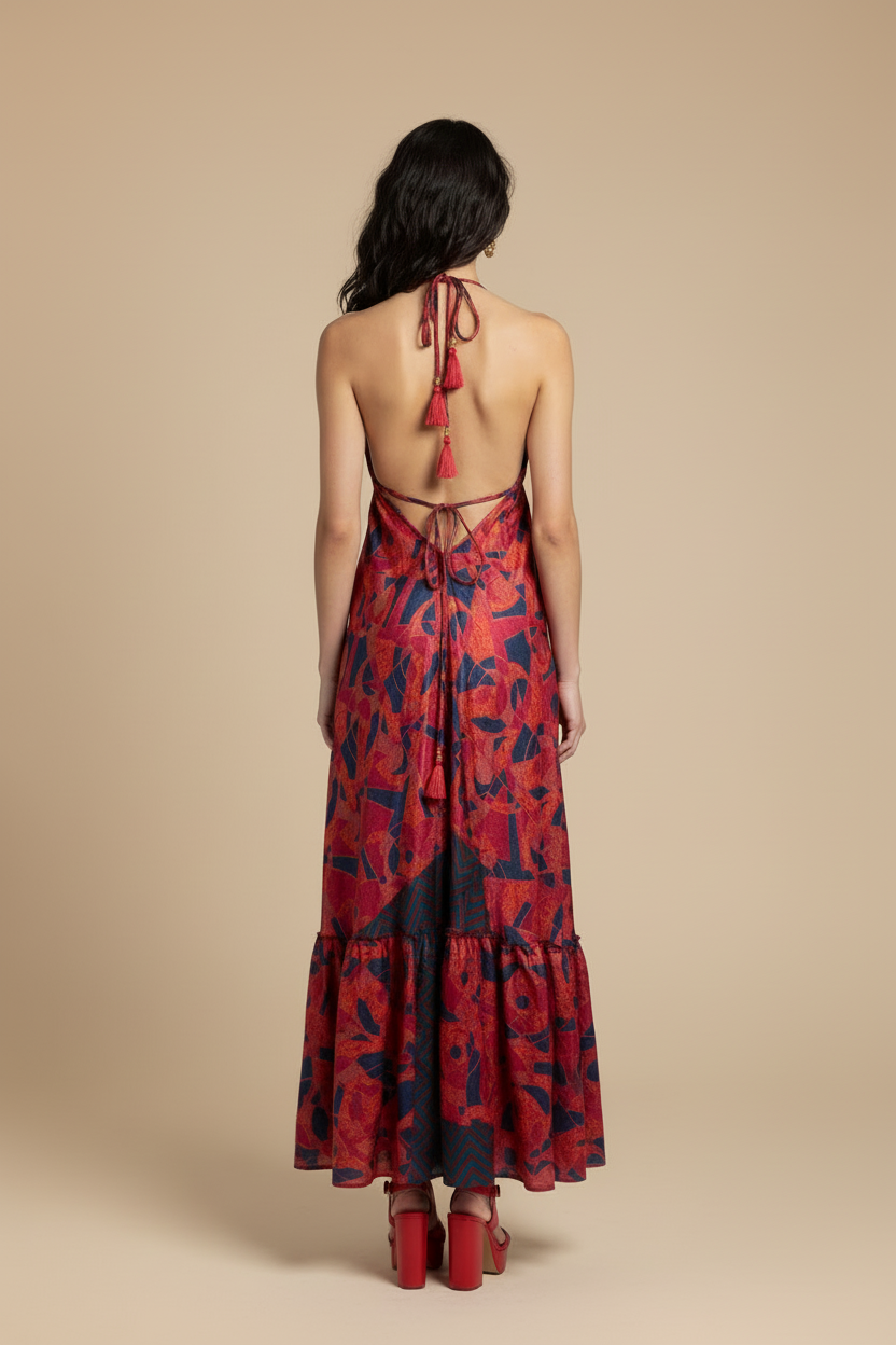 TRAJE MAXI DRESS ROJO CON PRINT CORAL, AZUL, VERDE, VIOLETA