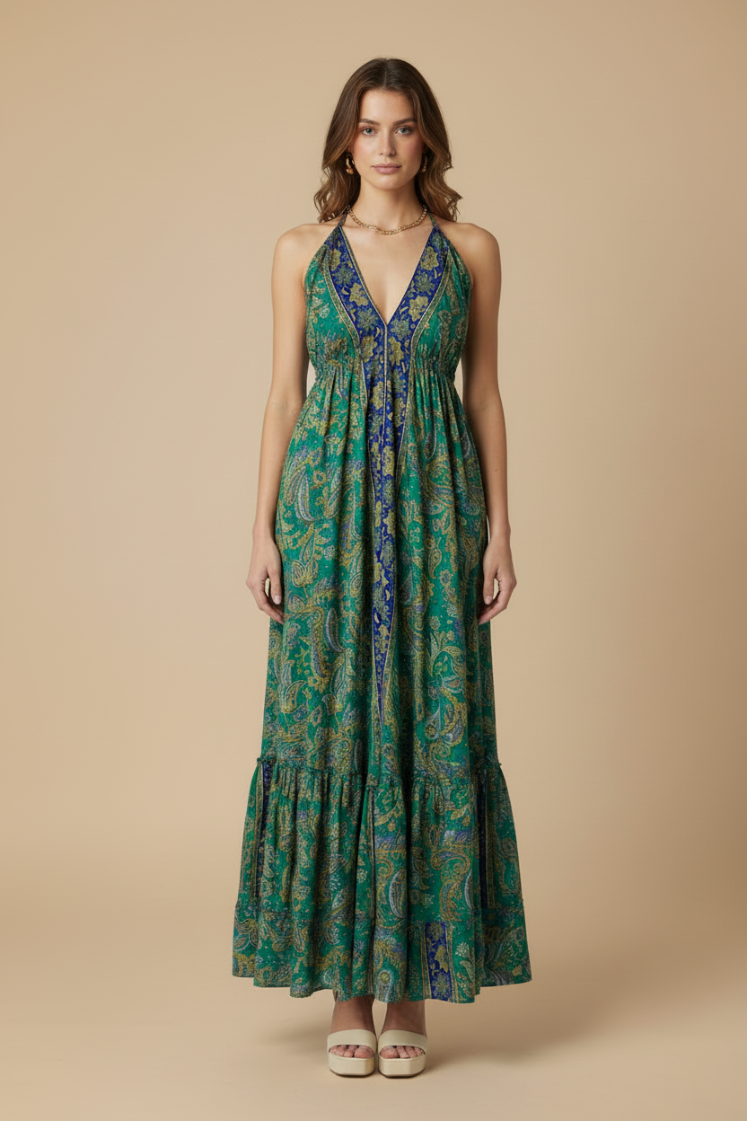 TRAJE MAXI DRESS VERDE Y AZUL