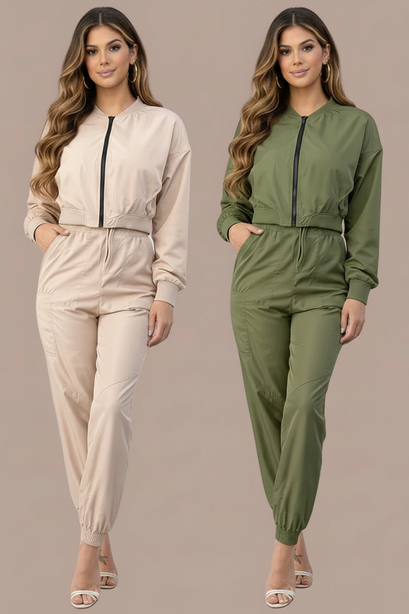 Conjunto beige y verde olivo