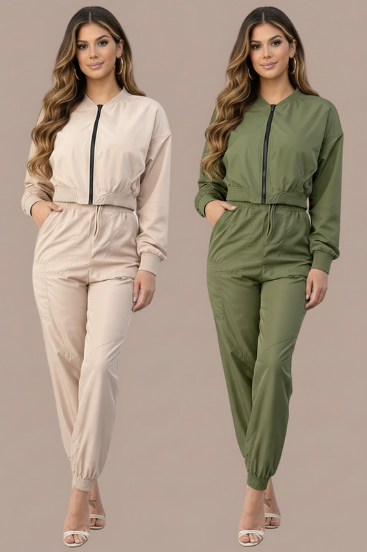 Conjunto beige y verde olivo