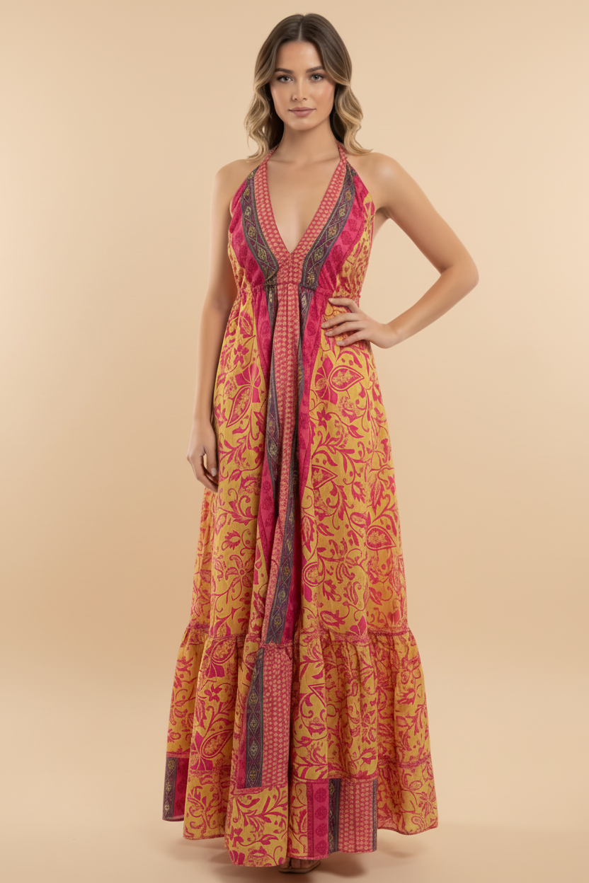 TRAJE MAXI DRESS ROSA Y AMARILLO