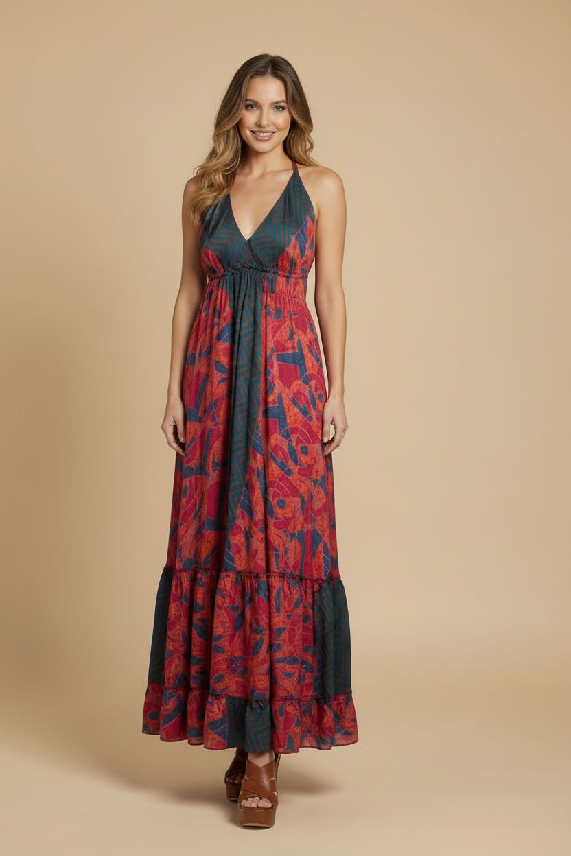 TRAJE MAXI DRESS ROJO CON PRINT CORAL, AZUL, VERDE, VIOLETA