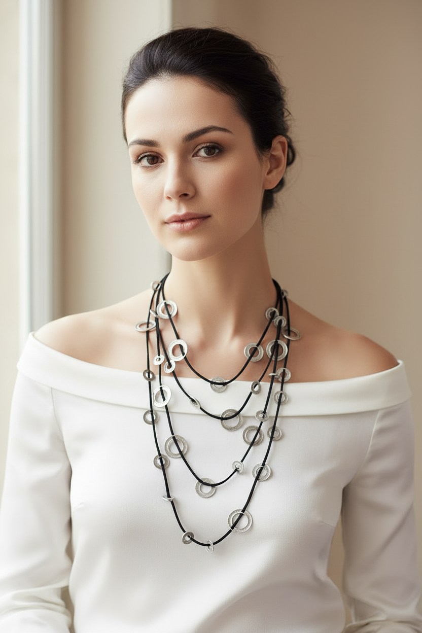 Modelo con blusa blanca elegante y collar