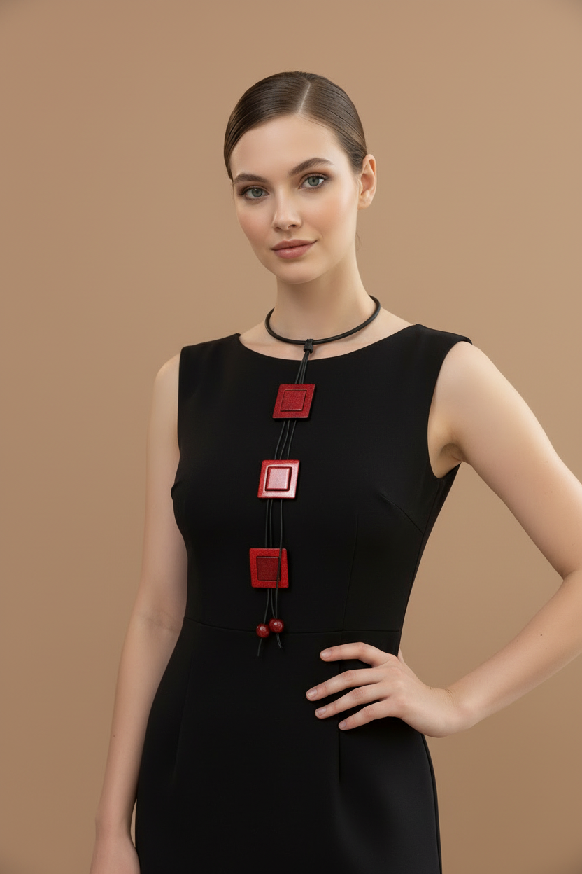 Modelo con vestido negro y collar rojo fondo nude