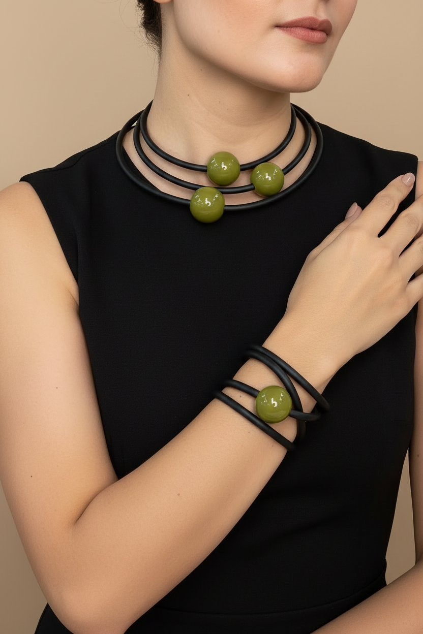 Modelo diferente con set collar y pulsera verde oliva