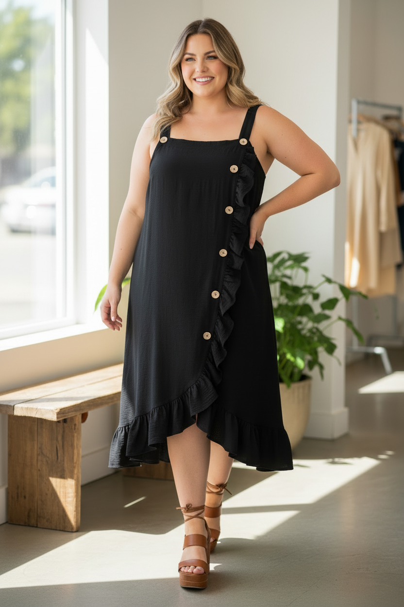 Modelo plus size pose diferente con plataformas altas