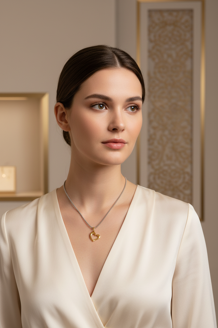 Modelo usando cadena con dije de corazón dorado