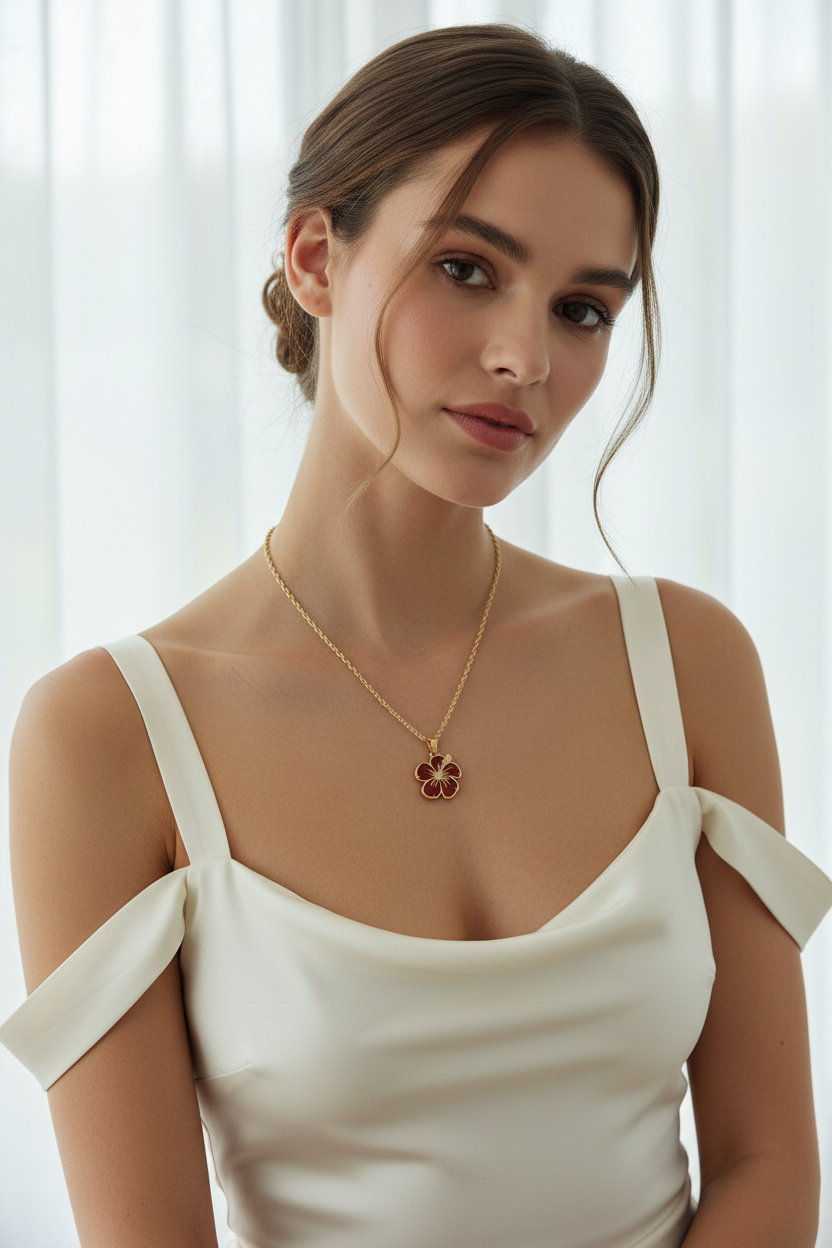 Modelo usando collar con dije de hibiscus