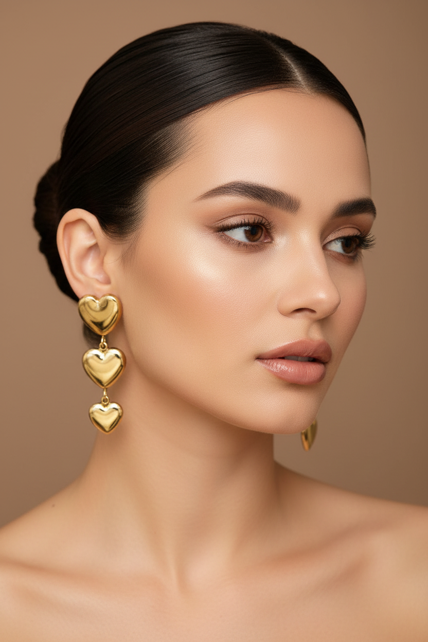 Pantallas colgantes de 3 corazones dorados en modelo