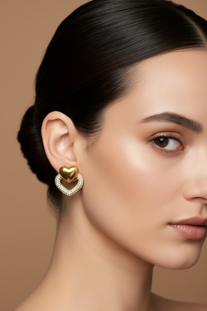 Pantallas de corazón dorado con brillantes en modelo