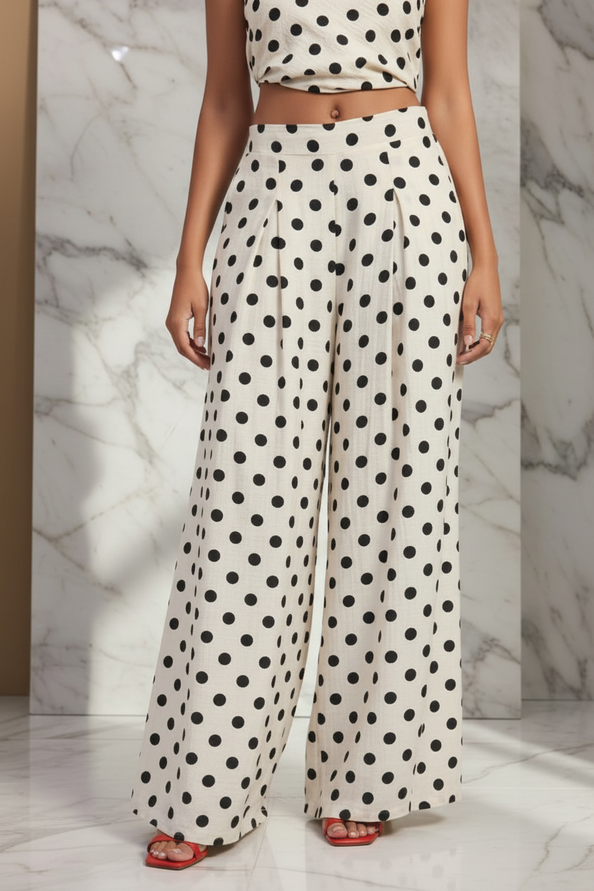 Pantalones de lunares con sandalias rojas