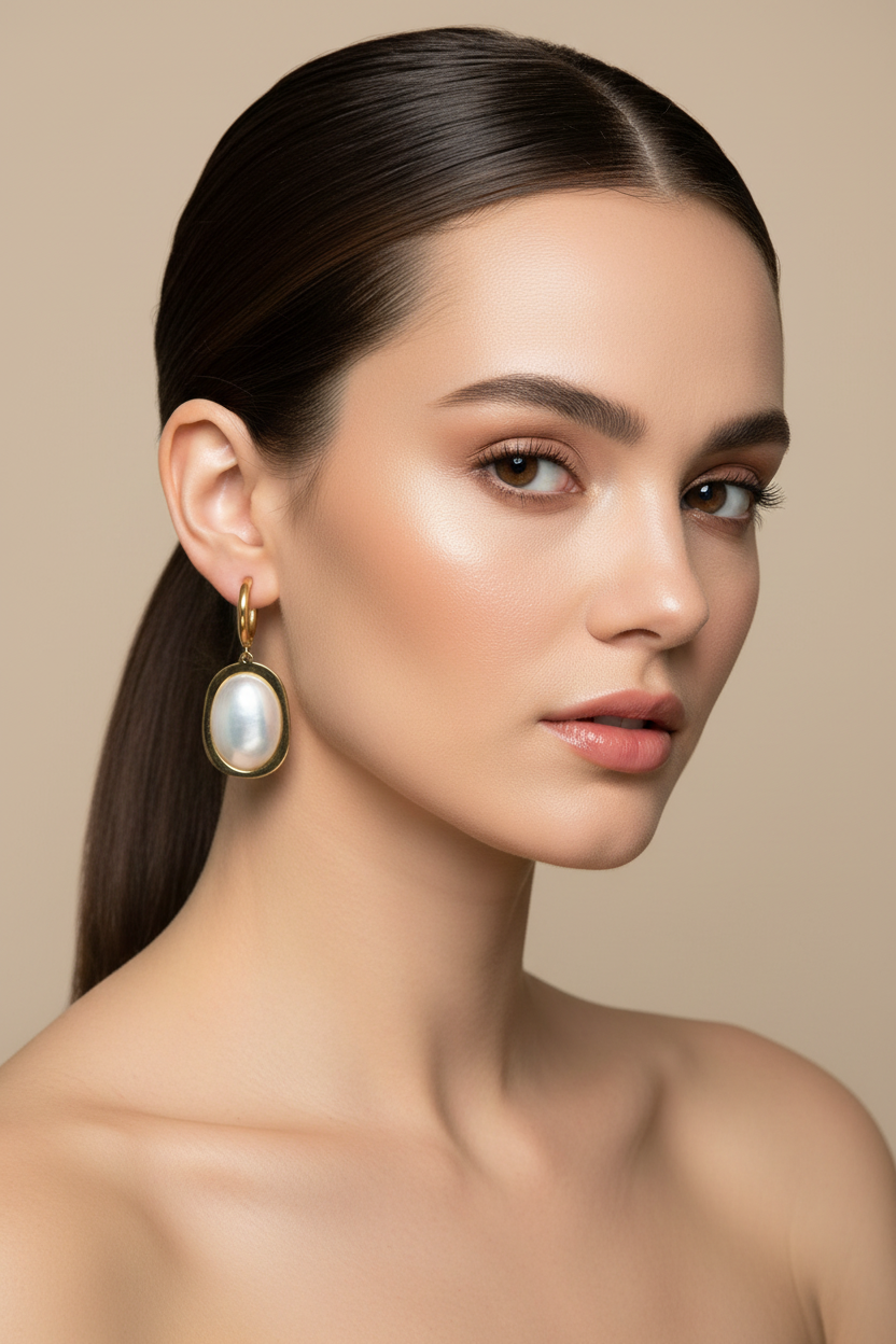 Pendientes dorados colgantes de perla en modelo