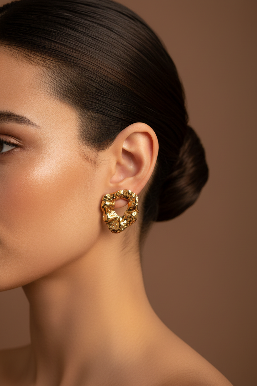 Primer plano de oreja con pantallas de botón doradas