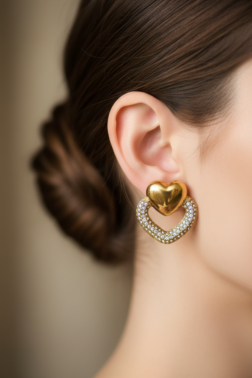 Primer plano de oreja con pantallas de corazón dorado con brillantes