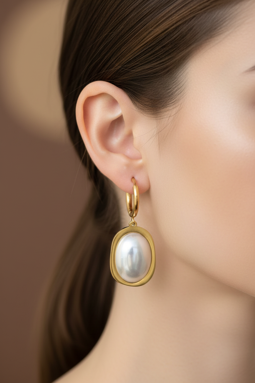 Primer plano de oreja con pendientes dorados de perla