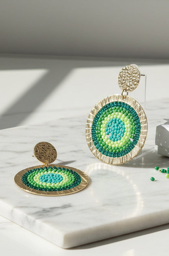 SET DE PULSERA TRENZADA Y ARETES VERDE Y TURQUESA