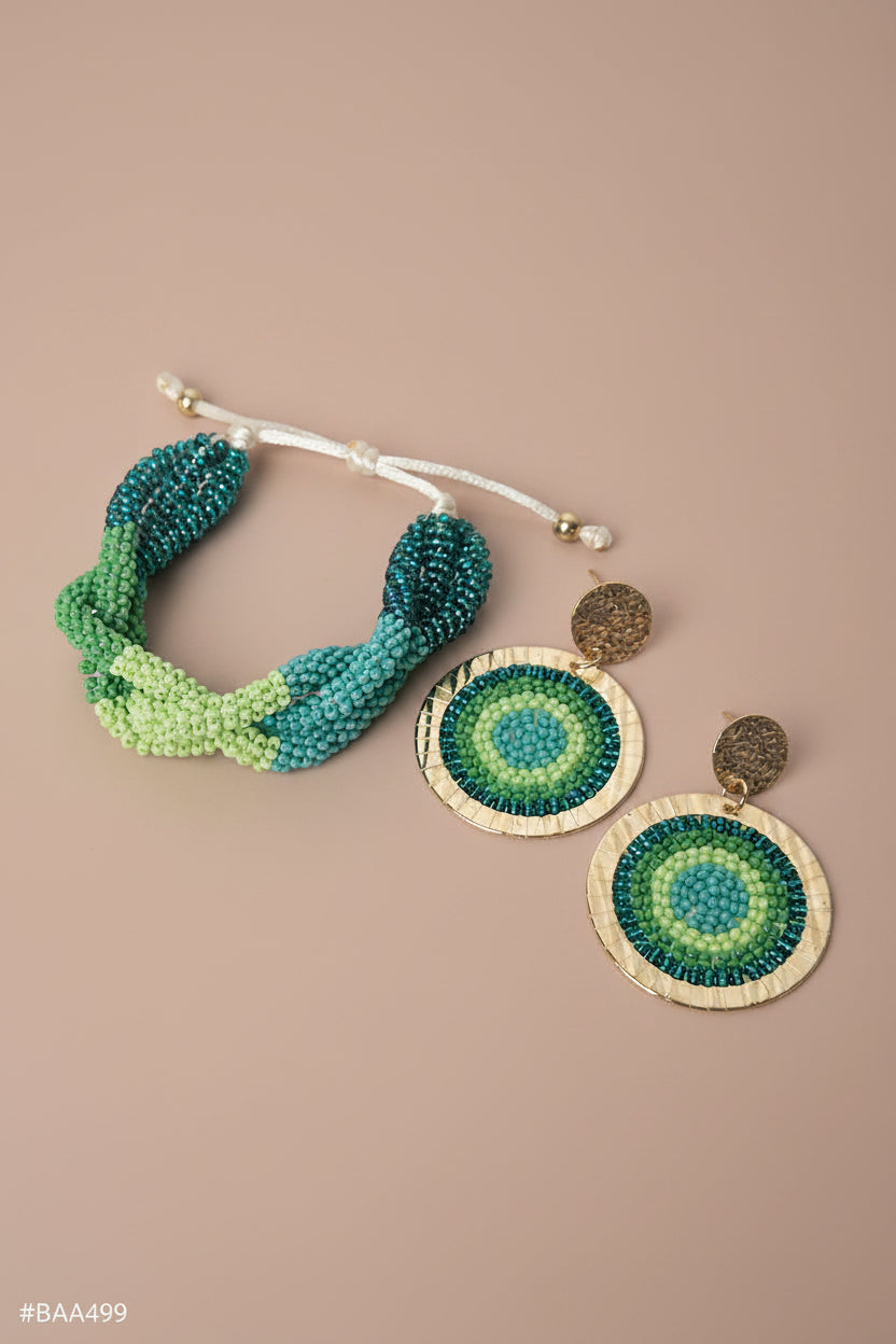 SET DE PULSERA TRENZADA Y ARETES VERDE Y TURQUESA