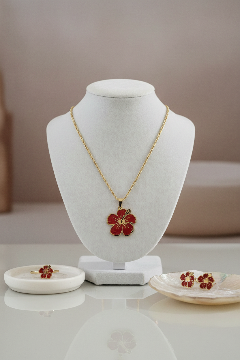 Set completo de collar, pendientes y sortija de hibiscus en display