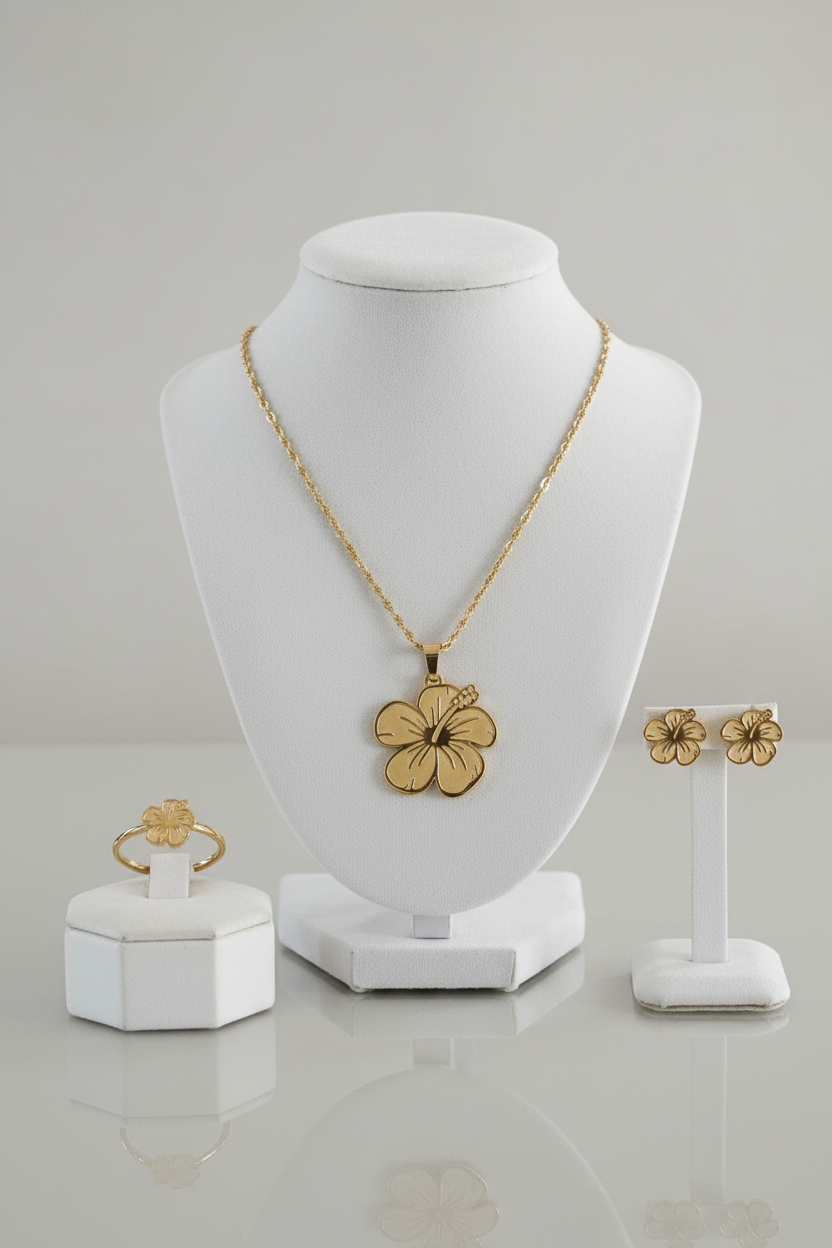 Set completo dorado con estilo original de hibiscus en display