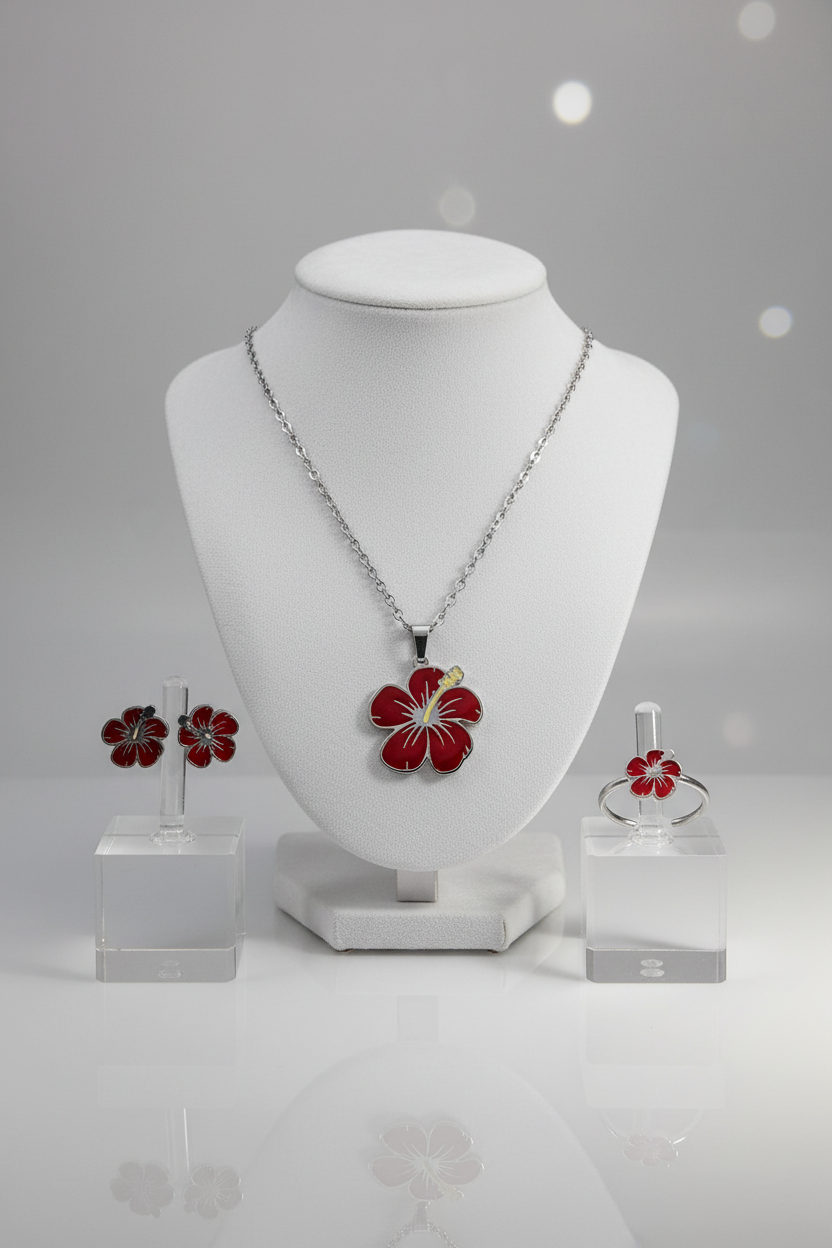 Set completo plateado de collar, pendientes y sortija de hibiscus en display