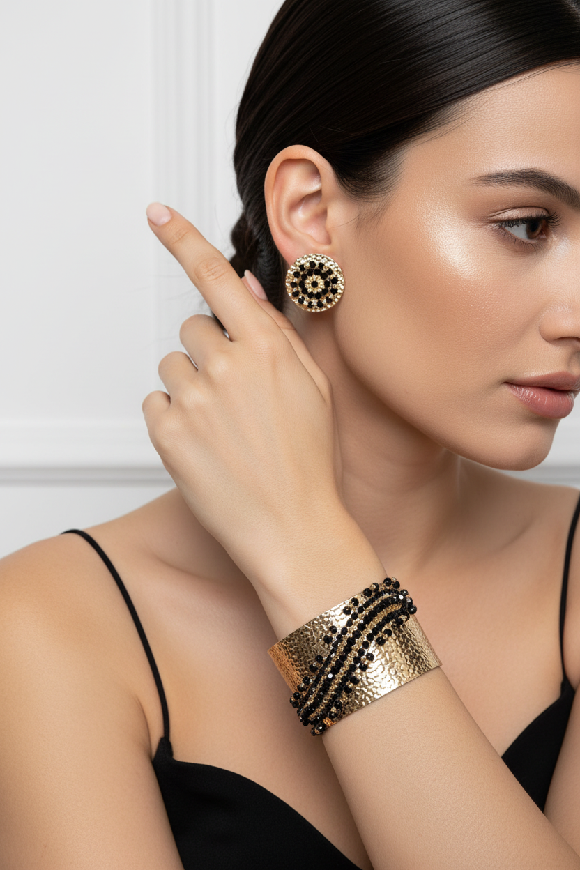 Set dorado con cristales negros en modelo
