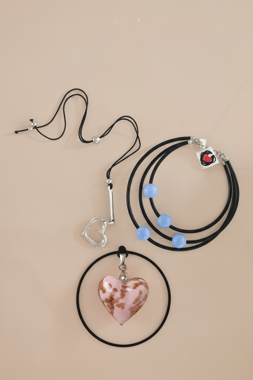 Tres collares con collar azul correcto fondo nude
