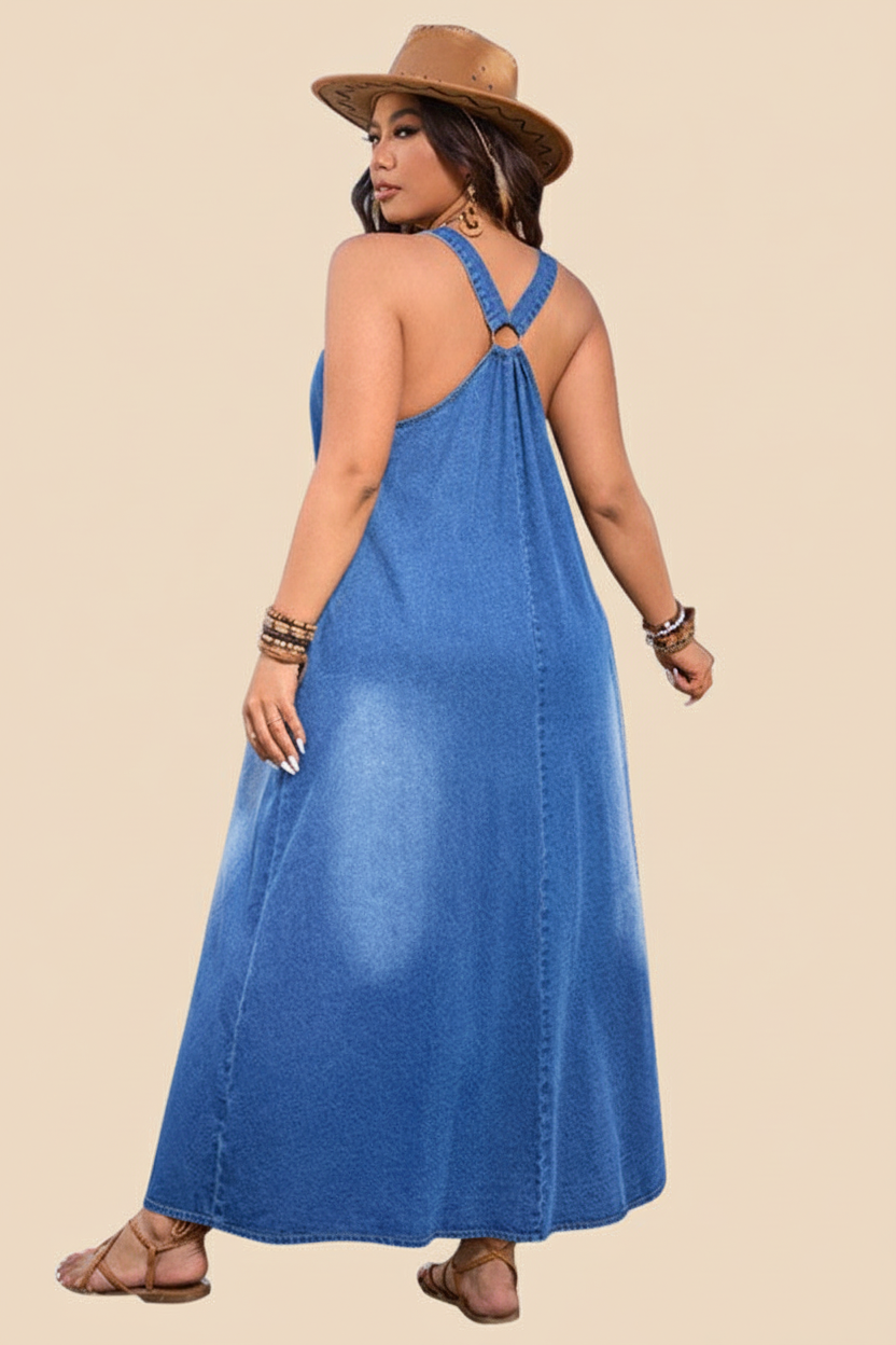 Vestido denim trasera beige